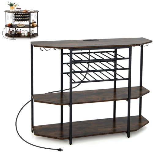 GiantexUK Wine Bar Cabinet, 3-Tier Kitchen Bar Table with 21 Bottles Wine Rack, Glass Holder, Charging Station & Adjustable Foot Pads, Storage Drinks Organizer for Dining Living Room (Brown)