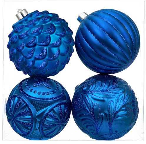 Arborus 12cm Large Blue Baubles 4pcs Christmas Tree Baubles Blue Xmas Tree Decorations Shatterproof Christmas Balls Hanging Ornaments for Xmas Home Holiday Festival Party Décor