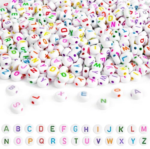 Buchstabenperlen, A-Z Buchstaben Perlen 7 mm Alphabet Perlen Set, Acryl Rund Buchstabenperlen für Armbänder Halsketten Schmuck DIY Herstellung, 600 Stk, Bunt