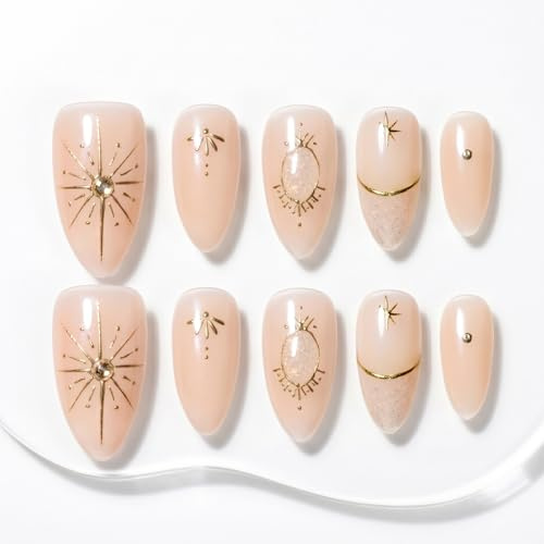 Sun&Beam Nails Handgefertigte Press-On Medium Almond Nude-Rosa (#099 M) | Nude-Rosa mit goldenen Linien, Sternmotiven und feinem Schimmer im 10-teiligen Set
