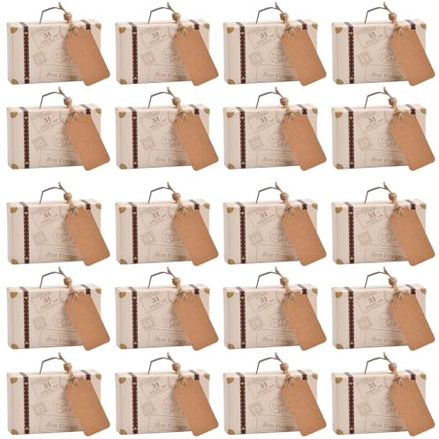 Shengxi 50 Stück Mini Koffer Gastgeschenke Hochzeitsbox, Vintage Kraftpapier Reisekoffer Geschenkbox mit Tags und Sackleinen Schnur für Hochzeit Geburtstag Taufe Babyparty Baby Shower 8 × 5 × 3cm