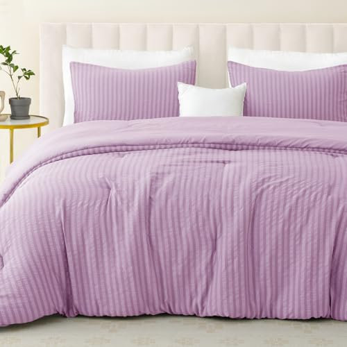 Exclusivo Mezcla 7.5 Tog Seersucker Double Duvet Set Lilac, Lightweight Soft Striped Pattern All Season Bedding Duvet sets with 2 Pillow Shams