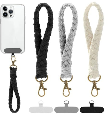 Qianeffort Phone Wrist Strap, 3-Pack with Tether Tabs, Bohemian Style, Cotton, White, Gray, Black
