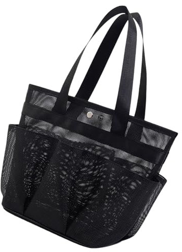 Itkcozcg Modische Handtasche, tragbare Netz-Duschtasche mit Knopfverschluss für Studentenwohnheim, Essential, Fitnessstudio, Reisen, mehrere Taschen, Organizer, Handtasche, Schwarz , 24*15*25cm
