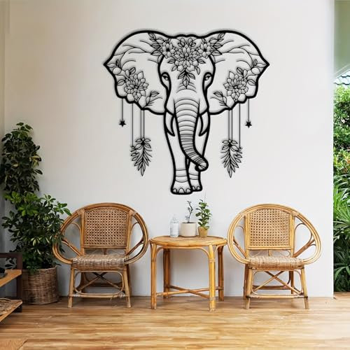 LLSZAHD Metall Wanddekoration Schwarz, Minimalistische Metall Elefant Wanddeko, Moderne Abstrakte Tier Wandskulpturen, Für Schlafzimmer Wohnzimmer Badezimmer(39.5x40cm)