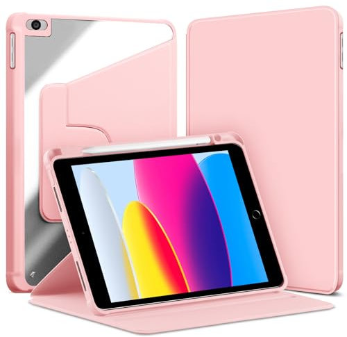 VAGHVEO Funda Giratoria para iPad 9,7 Pulgadas 2018/2017 (6ª/5ª Generación) / iPad Air 2/ Air 1 Cover con Portalápiz, Carcasa Protectora con Soporte Giratorio 360 Grados y Trasera Transparente, Rosa