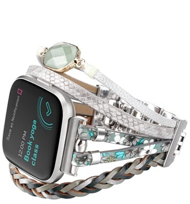 CHARMINGO Bracelet en cuir bohème compatible avec montre connectée Fitbit Versa 4/Versa 3/Sense/Sense 2 pour homme et femme, bijou de rechange multicouche fait à la main pour montre intelligente