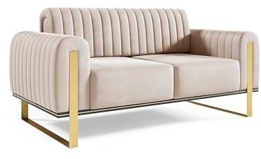 FURNISTAR Premium Pier Sofa 2-Sitzer, Glamour Design, Polstersofa mit drehbarer Rücklehne, Couch, Sofagarnitur, Wohnzimmer, goldene Metallfüße, Velour-Stoff - Creme