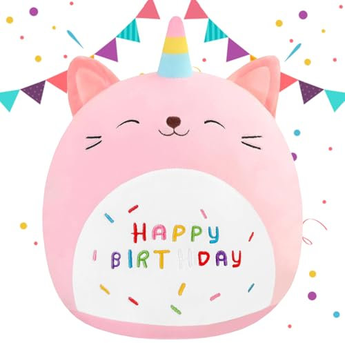 Happy Birthday Cat Plush Toy, 25CM Rosa Geburtstag Kuscheltier, Happy Birthday Plüschtier für Kinder, Plüschkissen Spielzeug, Katze Cartoon Plüschkissen Geburtstagsgeschenk für Mädchen Kinder