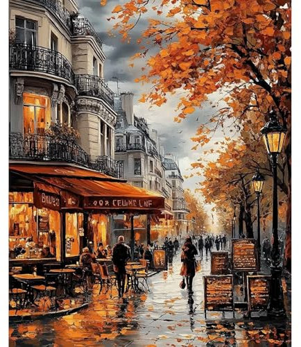 NEWENMO Rues de Paris Peinture par Numéros,Paysage Urbain Peinture Numero Adulte,Feuilles D'automne Paint by Numbers,DIY Peinture à l'huile,Bricolage Peinture Acrylique pour Décoration Maison 40x50cm