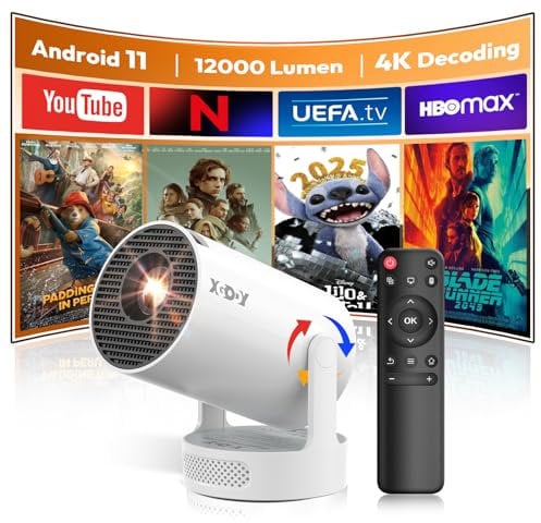 [Android 11 & Upgraded Sound] Mini Projector Native 720P HD, Supports 4K 1080P, XGODY Gimbal 3S Portable Projector 12000 Lumen, WiFi 6, Bluetooth, Auto Keystone, Video Projector for Home Cinema