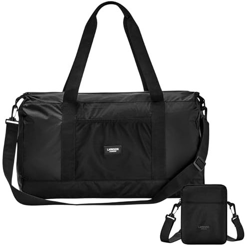 Larkson Faltbare Reisetasche Herren & Damen Schwarz - Magnus - Packable Weekender 40L - Platzsparende Travel Bag mit Trolley Gurt - Faltbar in Kleine Crossbody Bag - Ultraleicht