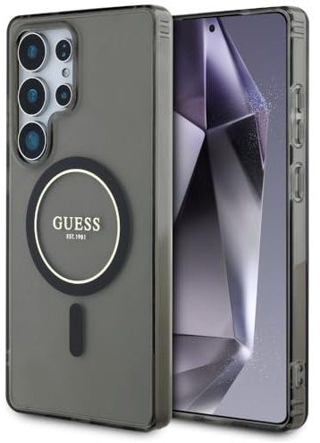 CG MOBILE Guess Glitter Circle Classic Logo, kompatibel mit MagSafe Hülle für Samsung Galaxy S25 Ultra (Schwarz)
