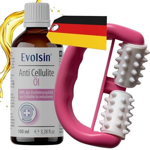 Evolsin® Anti Cellulite Öl mit Massageroller - reduziert Cellulite/Orangenhaut - Körperöl zu 99% aus natürlichen Pflanzenextrakten, 100ml Öl + Cellulite Massagegerät - Hautpflegeset