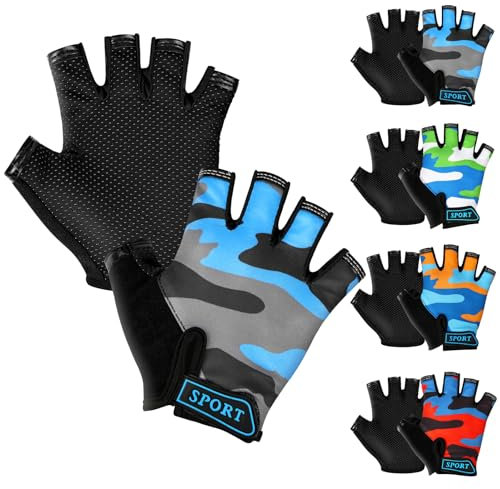 AMFUN Guanti da Bici Mezze Dita, Guanti da Ciclismo da Bambino, Guanti Protettivi Sportivi Per Bambini Per Ciclismo, Canottaggio, Arrampicata Montagna (Persone Applicabili: 6-12 Anni)