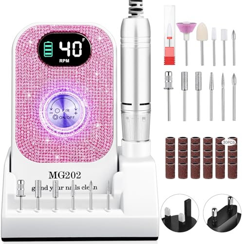 Urbuit - Taladro eléctrico profesional de uñas de 40000 RPM para uñas acrílicas y gel, kit de manicura y pedicura recargable con 12 brocas (Blanco con diamantes)