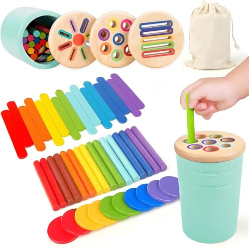 Holz Montessori Spielzeug ab 1 2 3 Jahr,3-in-1 Montessori Spielzeug,Holz Sortier & Stapelspielzeug,Kinder Farbe Sortierspiel,Lernspielzeug Geschenk für Kleinkinder,Geschenk für Mädchen Jungen