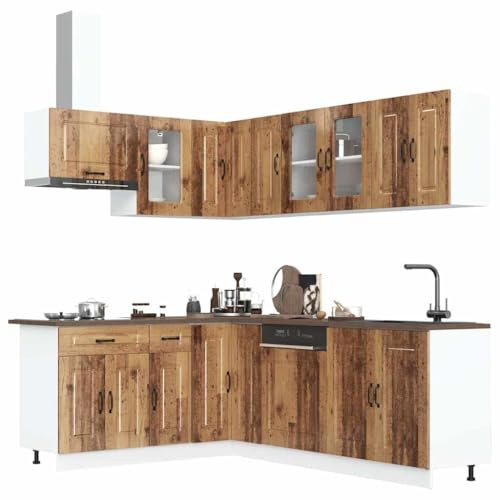 QJBSAVVA Set di 11 armadietti da cucina, effetto legno anticato in legno e vetro, angolo cottura con mobiletto per lavello, 80 cm e pensili, molto spazio e piedini regolabili per la cucina