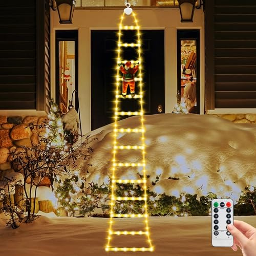 Noetopolis Christmas Decorations Light, 10ft LED Christmas Ladder Lights with Santa Claus, 8 Modes Santa Climbing Ladder Lights with Timer, Ladder Tree Light for Indoor Outdoor Xmas Tree (Warm White)