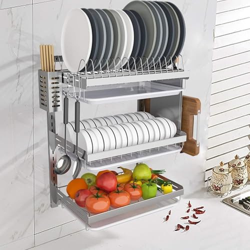 Stainless Steel 3-Tier Wall-Mounted Dish Rack with Drip Tray, Adjustable Kitchen Cutlery Storage Rack for Plates, Bowls, and Utensils