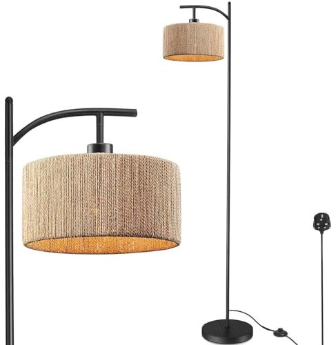 ArcoMead Floor Lamp for Living Room, 160 cm Farmhouse Rattan Standing Lamp, Industrial Black Metal Floor Light, E27 Socket, Handmade, Boho Tall Pole Lamp for Bedroom, Office Corner Light