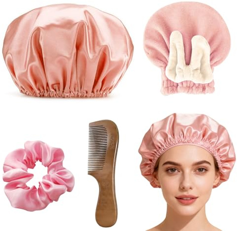 Shower Caps for Women, Large Shower Cap, Waterproof | Silk Bonnet Shower Cap with Combs Hair Ties, Water Absorption Shower Caps for Women, All Hair Lengths (Pink)