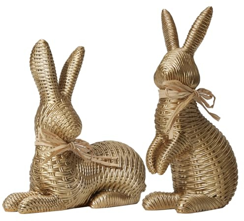 DN DECONATION Osterdekoration Hasen-Figuren-Set, 2-teilig in Gold mit Schleife, Rattan-Optik aus Resin für Innen & Garten als Tischschmuck – Frühlingsdekoration zu Ostern, ideale Geschenkidee