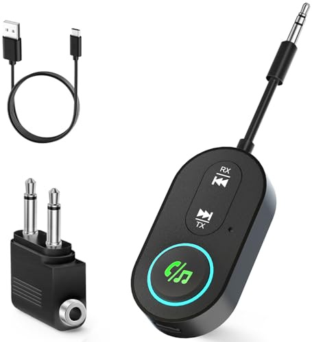 Ticenpe Receptor transmisor Bluetooth 5.3, conector dual para aviones, micrófono para llamadas, adaptador auxiliar 2 en 1 Bluetooth para auriculares, altavoz y coche