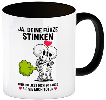 speecheese Kaffeebecher in schwarz Skelett Pärchen - Ja, deine Fürze | stinken Lustiger Spruch für Büro und Zuhause Valentinstag