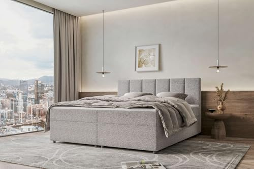 99rooms Bergamo Boxspringbett Doppelbett Ehebett Webstoff Malmo_NEW Hellgrau 200x200 cm Komfortschaum Topper 3,5 cm, Bonellfederkern-Matratze 19 cm
