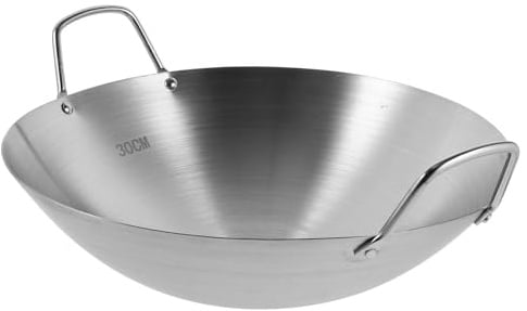Wok de Cocina de Acero Inoxidable Plata con Fondo Redondo | Doble Mango Limpieza Sencilla y Calentamiento Uniforme Conserva el Calor para Uso Doméstico