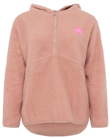 Zwillingsherz Damen Teddy Troyer mit Leo Herzpatch – kuscheliger Troyer mit pinkem Reißverschluss, Kontrastkanten & verstellbarem Saum – modischer Freizeitpullover für Herbst & Winter