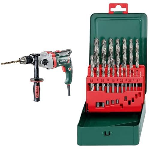 metabo Bohrmaschine BEV 1300-2 - 1300W, 2-Gang, 16mm Stahl, 40mm Holz - Impulsfunktion, Vario-Tacho-Constamatic, Rechts-Linkslauf, Stellrad, Marathon-Motor, Zusatzhandgriff - Inkl. Bohrerkassette Set