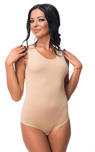 Evoni Damenbody Größen | Damen Overall Bodysuit mit Rundhals | breite Träger | Verschluß-Haken | Unterzieh-Body mit optimaler Passform | sportlicher Damen-Body, Beige, M