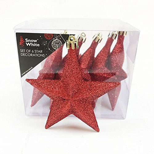 Snow White PMS - Juego de 6 Adornos de Estrella de 10 cm, en Caja de PVC, Color Rojo