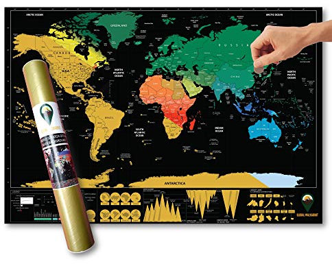Global Walkabout Scratch Off Map avec fond de couleurs - Affiche de carte du monde de taille de voyage de luxe - Pays et faits - Cadeau de voyage (noir)