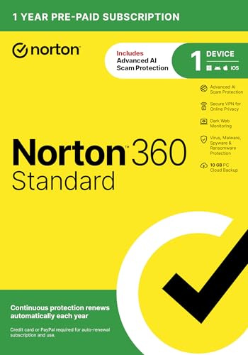Norton 360 Standard, 2026 Ready, Antivirus Software für 1 Gerät mit Auto Renewal - Inklusive VPN, PC Cloud Backup & Dark Web Monitoring [Schlüsselkarte]