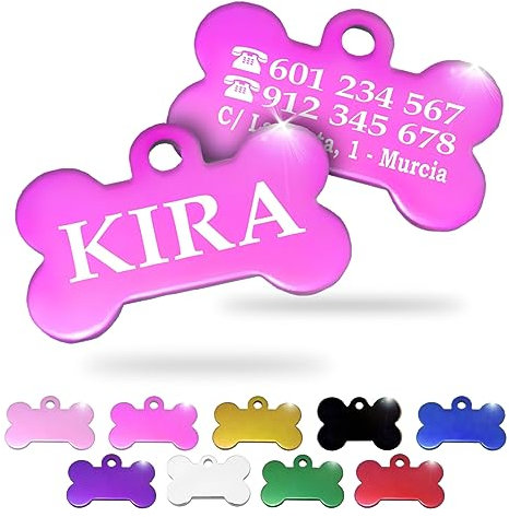 Ibera Gifts - Chapa Perro Grabada en Forma de Hueso, Placa Perro Personalizada para Perros y Gatos Pequeños y Medianos, Tamaño 30 x 20 mm, Chapa Identificativa Perro y Gato (Fucsia)
