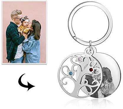 Gaosh Gravé 2-4 nom Arbre de Vie Porte-clés personnalisé Photo Famille Porte-clés pour père mère Couple Bijoux Cadeau pour Les Meilleurs Amis (3 Names-Photo)