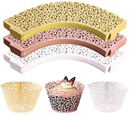 WUWEOT 150 Pack Cupcake Wrappers, Little Vine Lace Laser Cut Liner, Paper Baking Cups for Wedding Party Birthday Baby Showers Decoration (Gold, White, Pink)