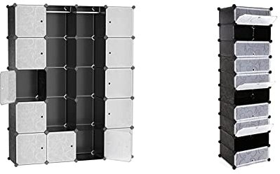 SONGMICS Schuhregal 10 Ebenen, DIY Schuhschrank mit Tür, Schuhablagen aus PP-Kunststoff, 48 x 36 x 173 cm, schwarz & Garderobe Kleiderschrank Mit 2 Kleiderstange, 143 x 36 x 178 cm, schwarz LPC30H