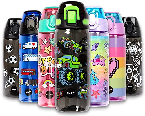 Fringoo - 600ml Kids Water Bottle with Straw & Fliptop Lock - 100% Leakproof - BPA Free 600ml Kids Water Bottle for School - Monster Trucks