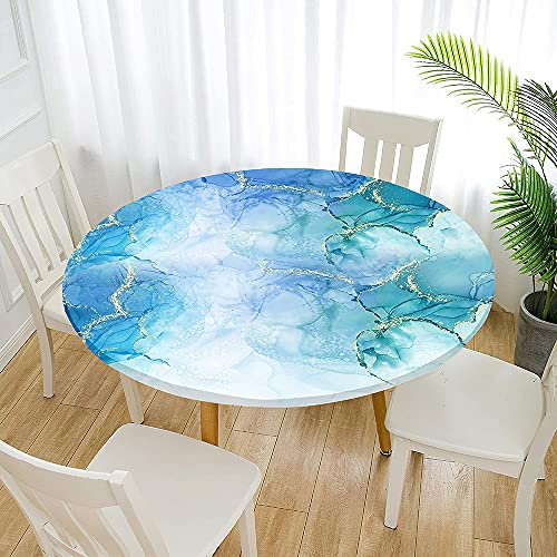 Morbuy Rund Tischdecke Elastisch, 3D Marmor Drucken Tischdecken Wasserdicht Lotuseffekt Abwaschbar Abwischbar Tischtuch für Dekoration Küchentisch Garten Outdoor (120cm,Türkis)