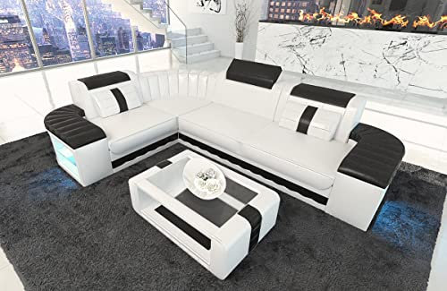 Sofa Bergamo Leder L Form Ecksofa Ledersofa mit Beleuchtung Couch mit Kopfstützen (Ecke Links, Weiß-Schwarz)