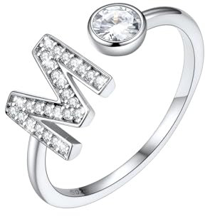 SILVERCUTE Damen Mädchen Statement Ring Buchstabe M 925er Silber Initiale Offener Ring mit Zirkonia verstellbar Fingerring Schmuck für Weihnachten Valentinstag