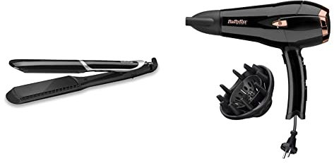 BaByliss ST397E Planchas de pelo profesionales, placas extra anchas para alisar más rápido, peine extraíble para un alisado más pulido + D373E Secador de pelo retráctil, iónico