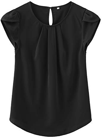 TASAMO Womens Tops Loose Round Neck Pleated Cap Sleeves Solid Color Simple Formal Blouse(Small, Black)