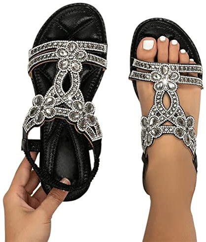 Minetom Flache Sandalen Damen Strass Boho T-Riemen Frauen Sandalen Weichen Sohlen Sommerschuhe Gummiband Slingback Zehentrenner Sandalen Mädchen Strandschuhe A Schwarz 39 EU
