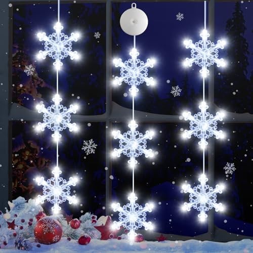 LYUBASA Timer 3Pcs Christmas Window Lights Decorations, Battery Powered Christmas Hanging White Lighted Snowflake Shaped LED Sucker String Lamp for Xmas Tree Fireplace Indoor Decor