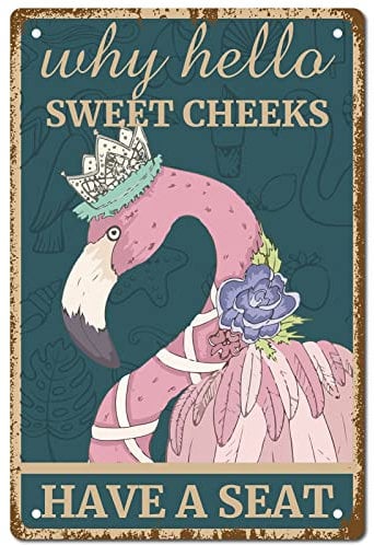 CREATCABIN Flamingo Why Hello Sweet Cheeks Sign Vintage Tin Signs Funny Metal Tin Sign Wall Art Garden House Plaque for Bathroom Kitchen Cafe Wall Halloween Christmas Decor, 8 x 12 Inch